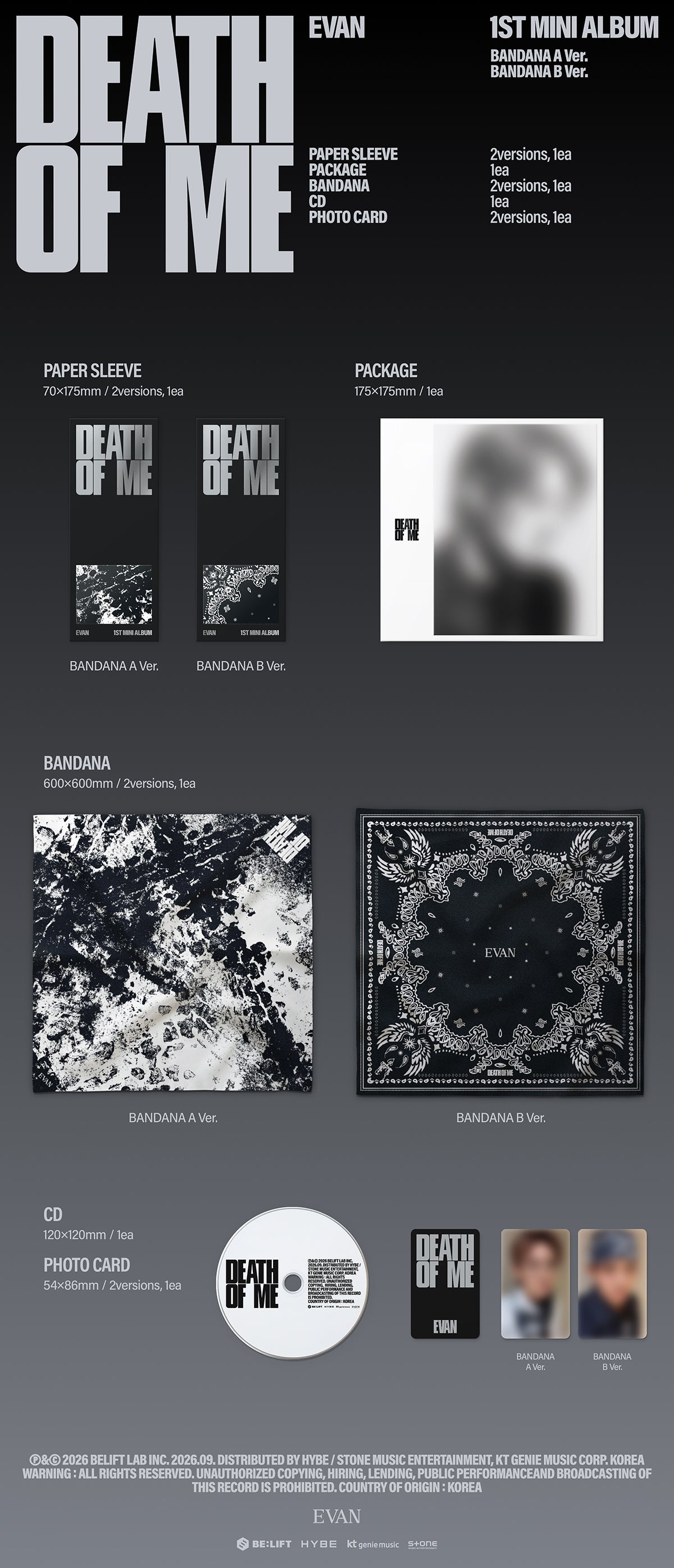 EVAN - DEATH OF ME 1st Mini Album BANDANA Ver