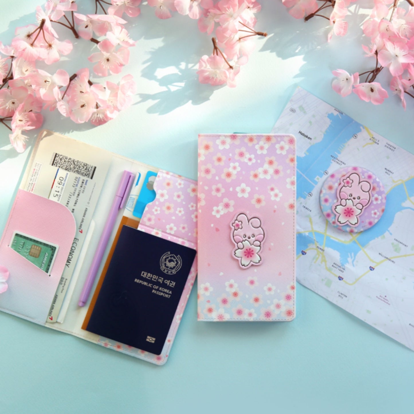 BT21 Minini Official Leather Patch Passport Cover Case L Size Cherry Blossom Ver