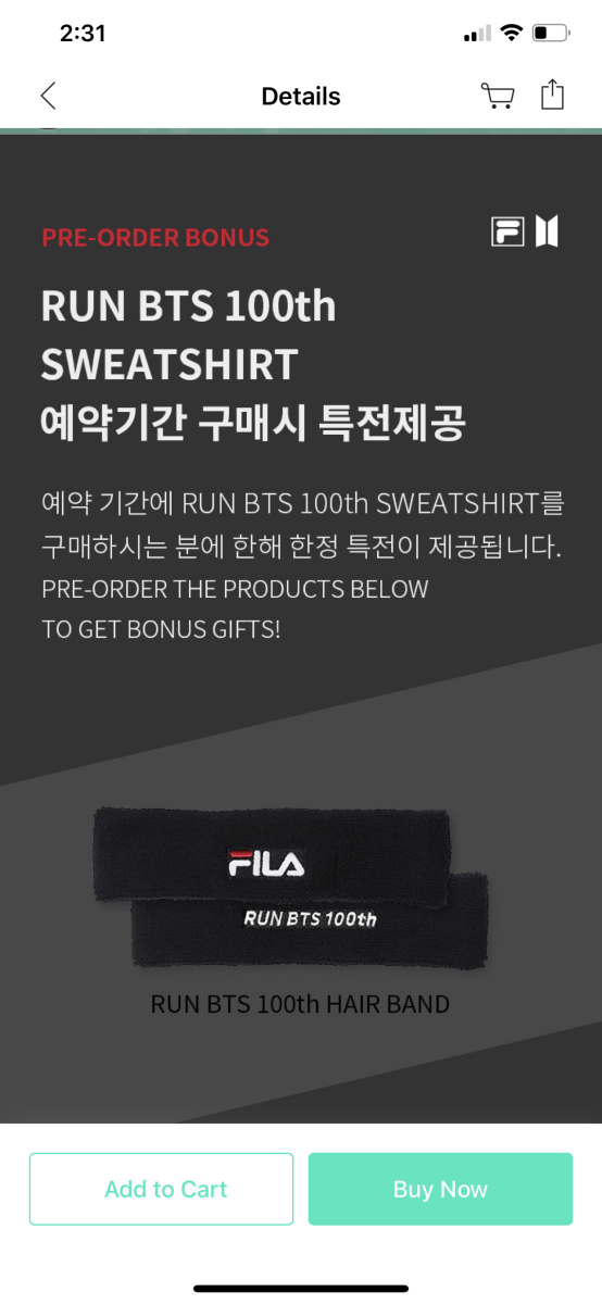 [BIG HIT] OFFICIAL Run BTS 100th FILA Sweatshirt (Free Shipping) - K-STAR