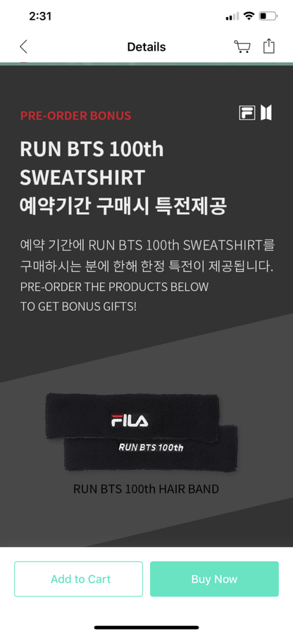 [BIG HIT] OFFICIAL Run BTS 100th FILA Sweatshirt (Free Shipping) - K-STAR