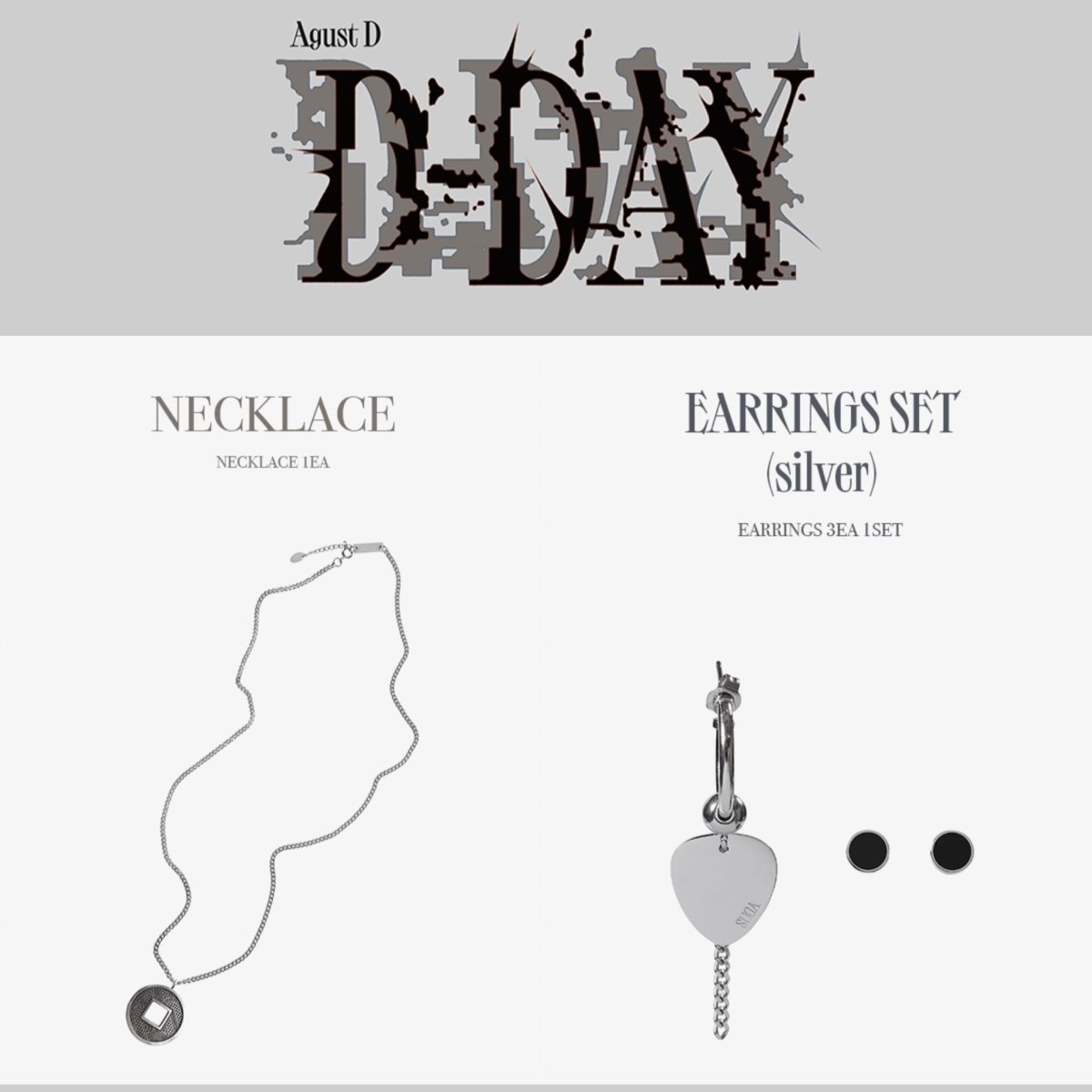 BTS SUGA - AGUST D Tour D-DAY Official Earrings Set & Necklace - K-STAR